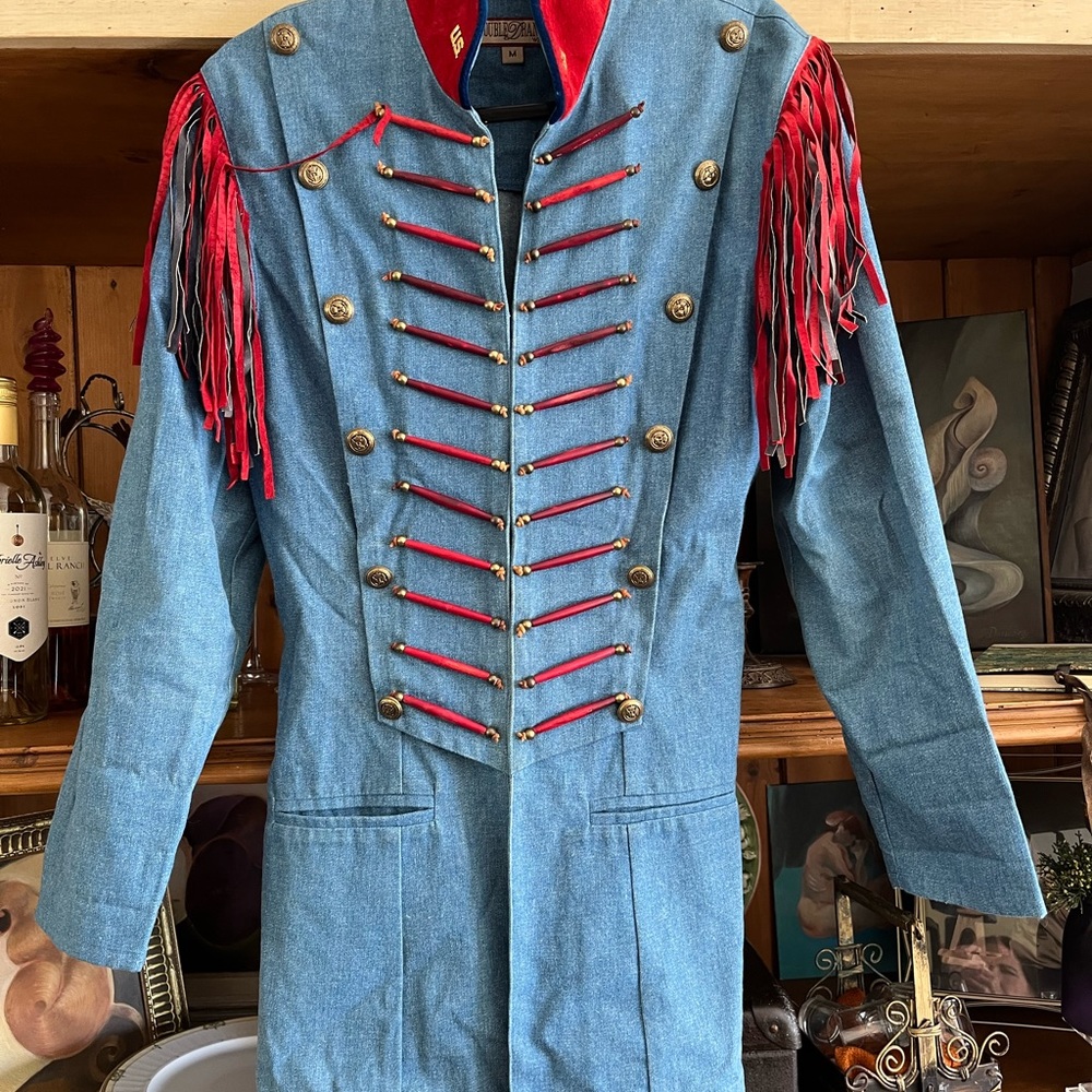 Vintage Double D Ranch military-style fringe and denim blazer